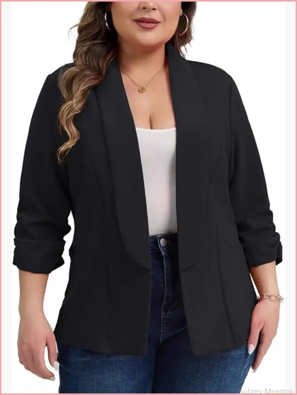 Plus Size Ruched 3/4 Sleeve Blazer Open Front Shawl Collar Suit Jacket